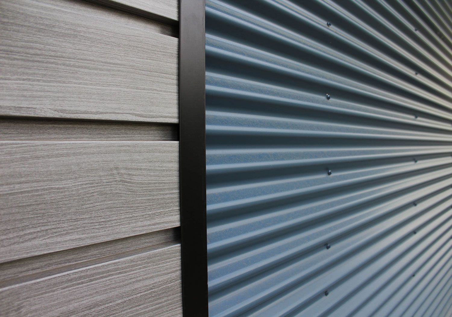 Residential Building with 7/8 Corrugated Oxford Blue Panel and Barnboard Woodgrain