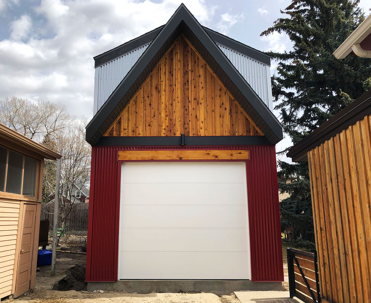 Residential Garage with Corrugated Galvalume and Dark Red