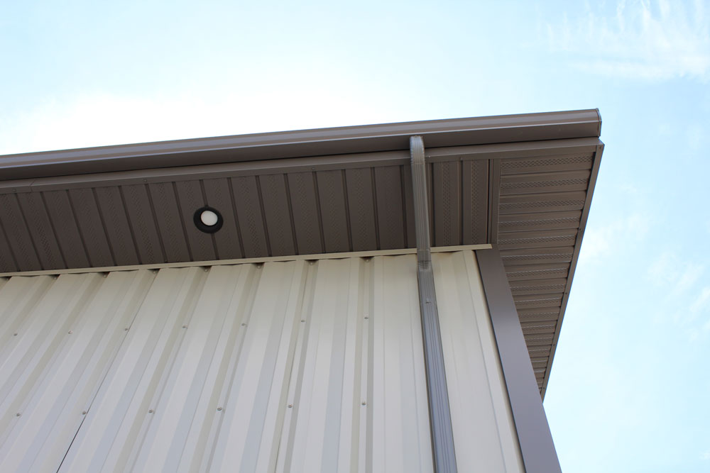 II/6 Reverse Soffit in Coffee Brown and FA Panel Siding in Stone Grey