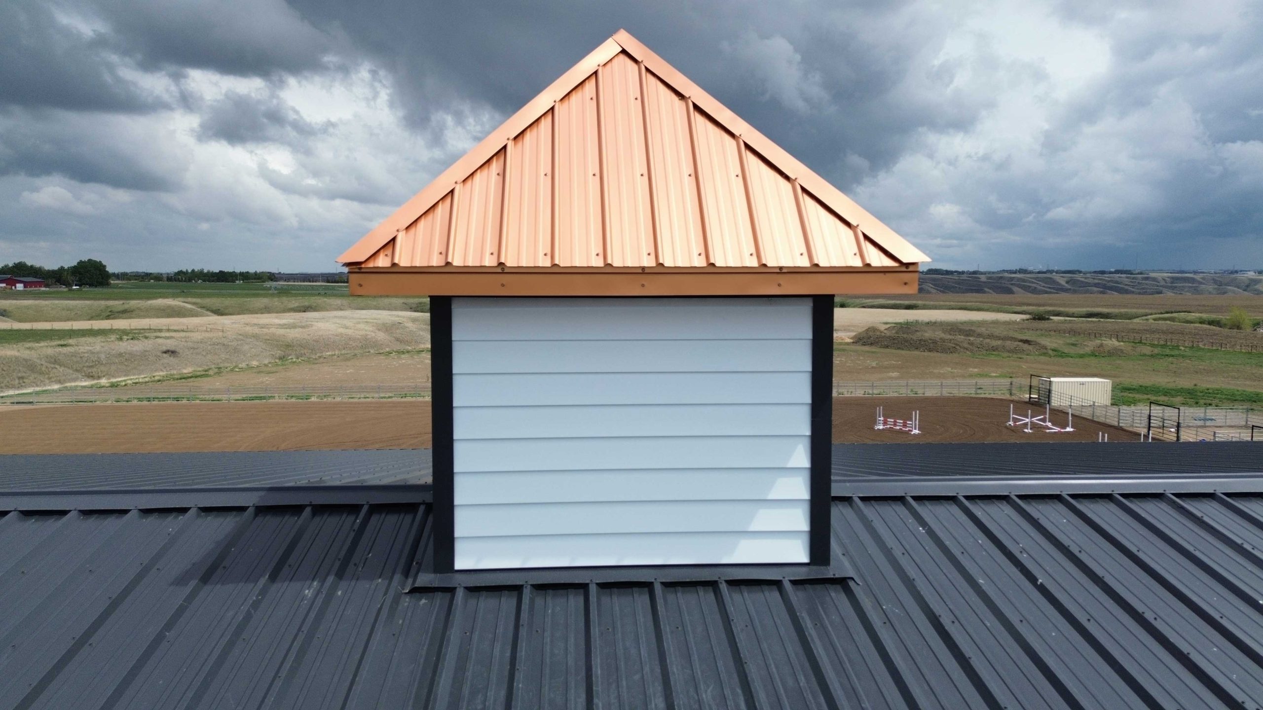 ShipLap in Bright White with FC-36 Copper Penny Cupolas and FC-36 Roof in Carbon