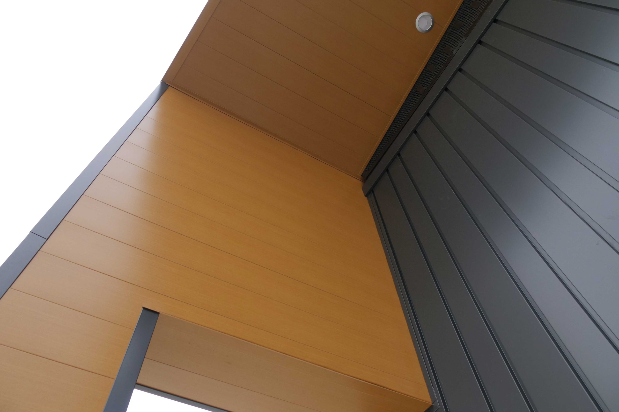 Interloc in Autumn Woodgrain Soffit and Forma Plank in Carbon