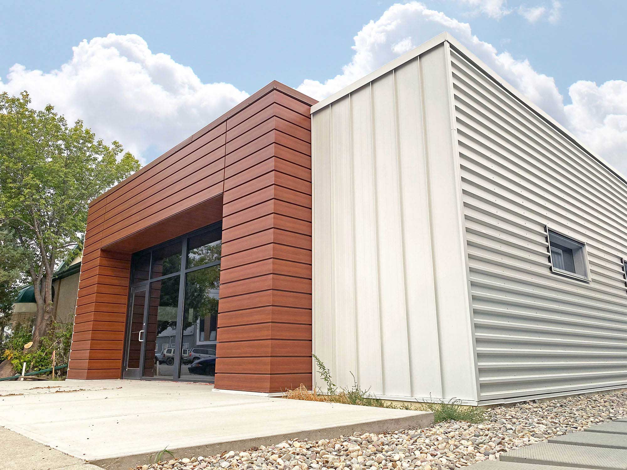 FormaLoc in Stone Grey, Forma Plank in Espresso Woodgrain, and Box Rib in Stone Grey